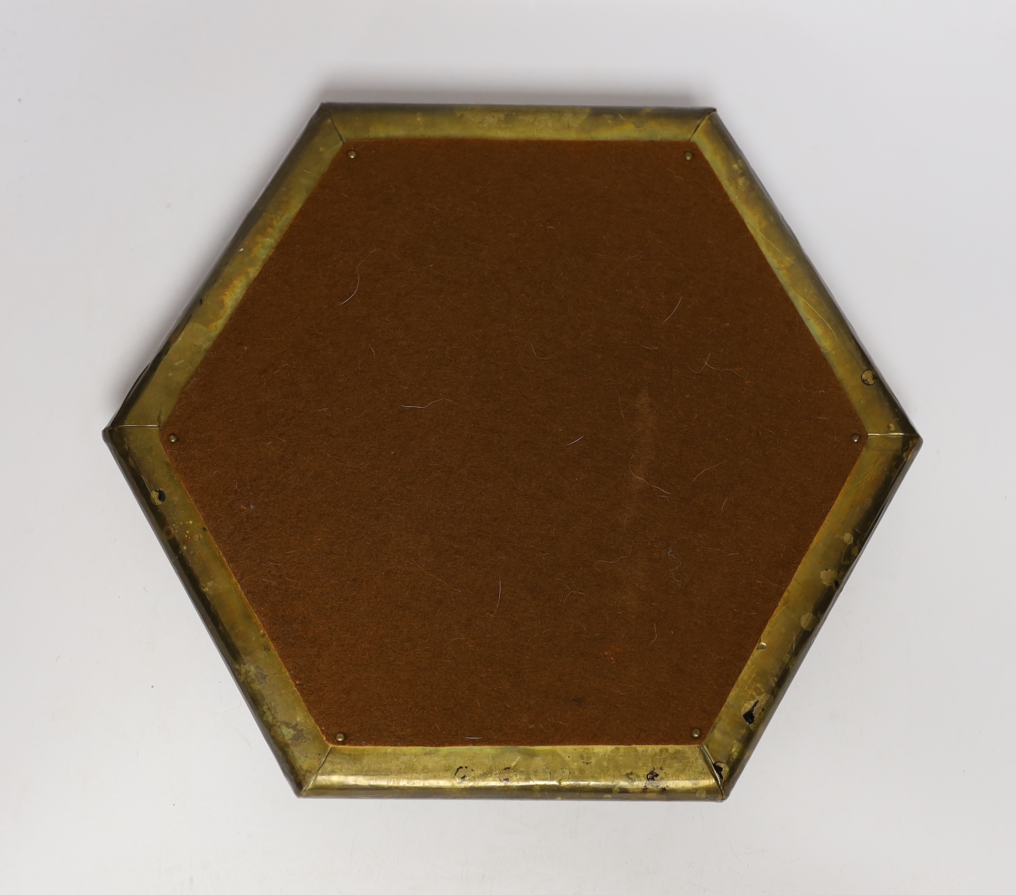 A 1970’s Rodolfo Dubarry hexagonal brass mirror or stand, signed, 26cm wide